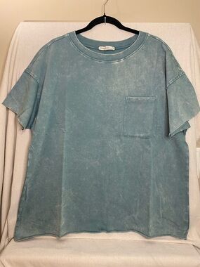 NWT Zenana French Terry Washed Dropped Shoulder Raw Edge Top Ash Blue S/M, L/XL